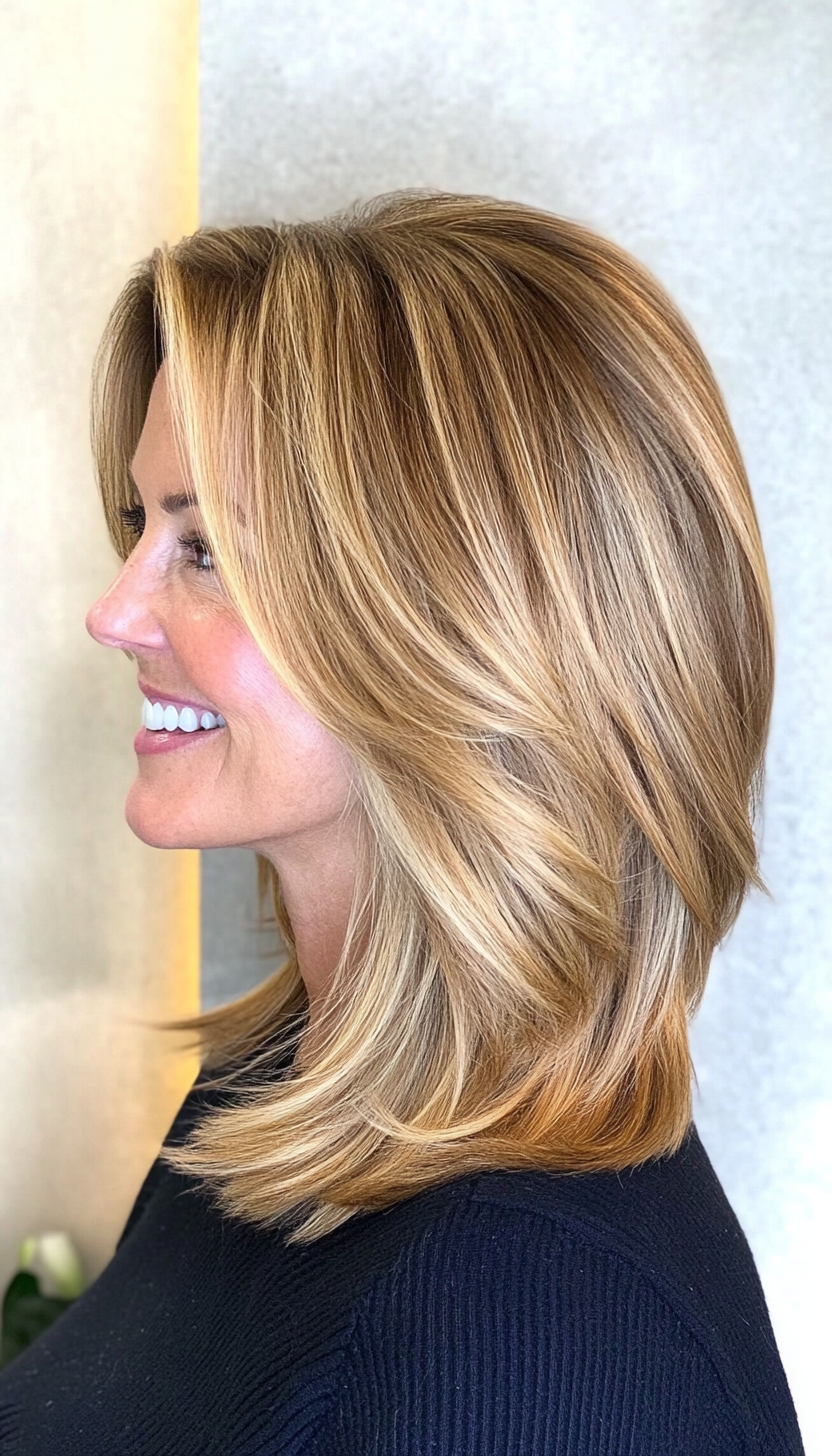 23. Sleek Shoulder-Length Cut with Golden Honey Accents (Hairstyles For Women Over 40 With Fine Hair) - Hairstyles For Women Over 40 With Fine Hair