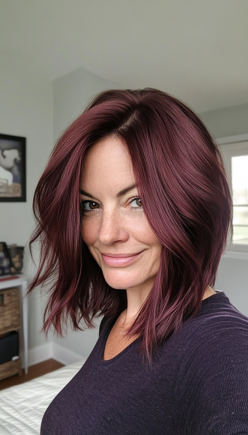 24. Layered Lob with Subtle Burgundy Tint (Hairstyles For Women Over 40 With Fine Hair) - Hairstyles For Women Over 40 With Fine Hair