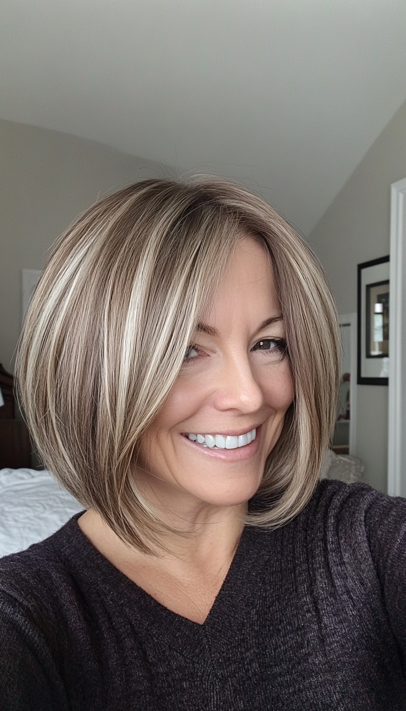 26. Rounded Bob with Light Ash Brown Highlights (Hairstyles For Women Over 40 With Fine Hair) - Hairstyles For Women Over 40 With Fine Hair