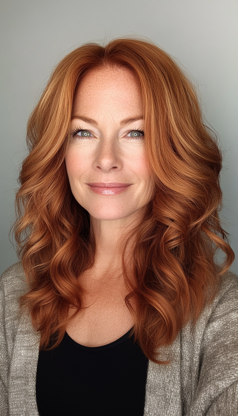 27. Mid-Length Tousled Waves with Cinnamon Undertones (Hairstyles For Women Over 40 With Fine Hair) - Hairstyles For Women Over 40 With Fine Hair