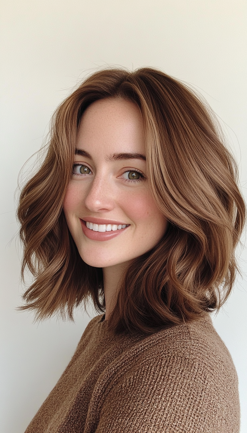 1. Soft Layered Lob in Warm Chestnut (Medium Length Haircuts For Thick Hair) - Medium Length Haircuts For Thick Hair