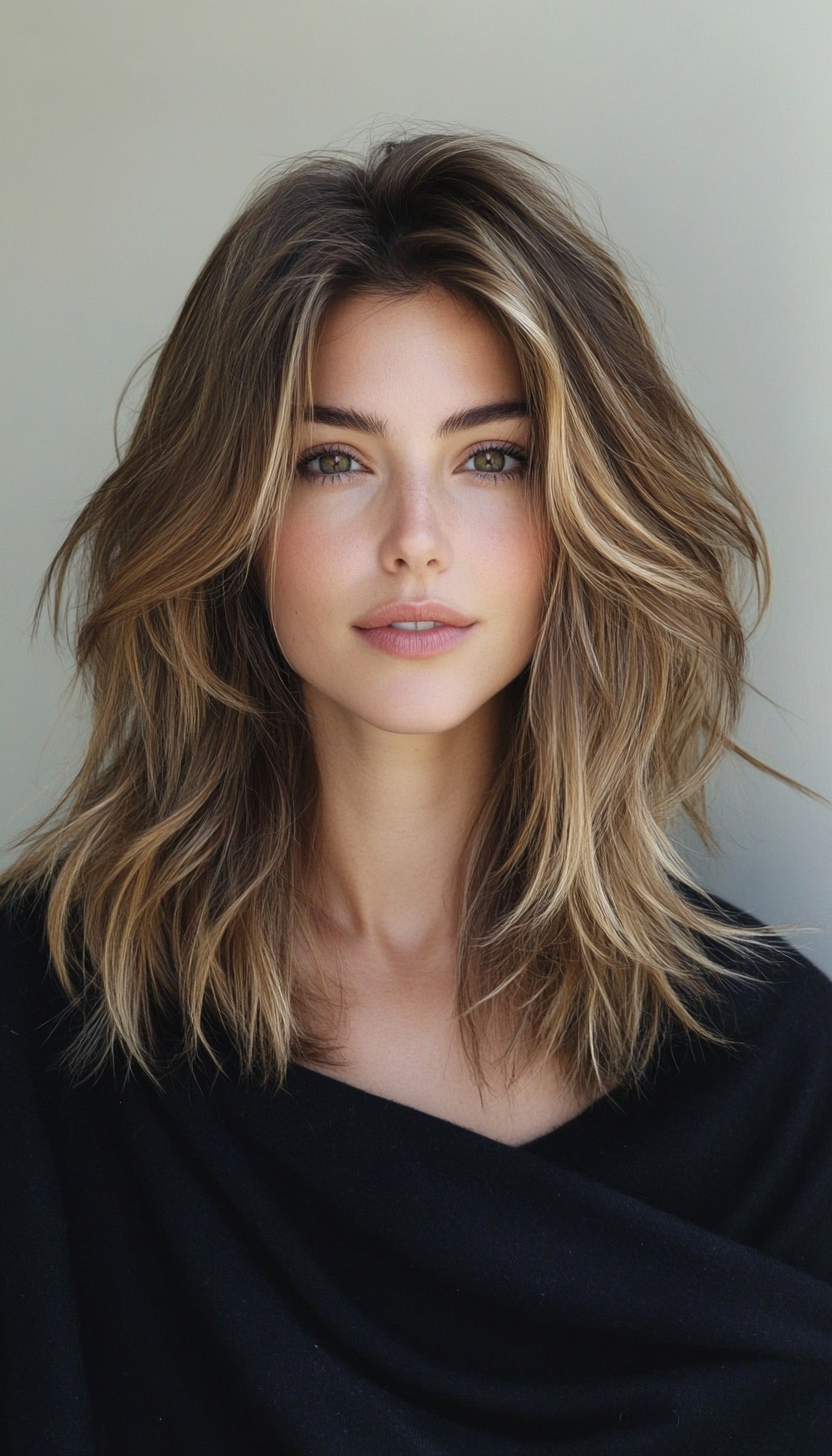 2. Feathered Layers with Golden Brown Balayage (Medium Length Haircuts For Thick Hair) - Medium Length Haircuts For Thick Hair