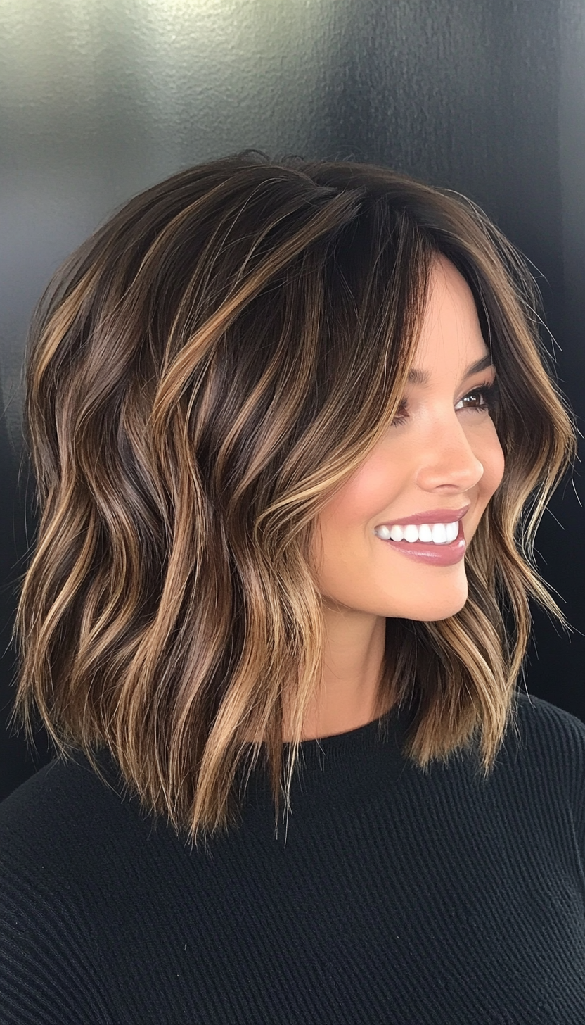 5. Textured Lob with Ash Brown Highlights (Medium Length Haircuts For Thick Hair) - Medium Length Haircuts For Thick Hair
