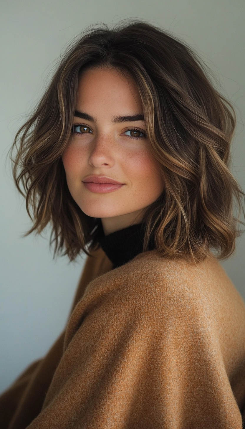 6. Collarbone Cut with Caramel Balayage (Medium Length Haircuts For Thick Hair) - Medium Length Haircuts For Thick Hair