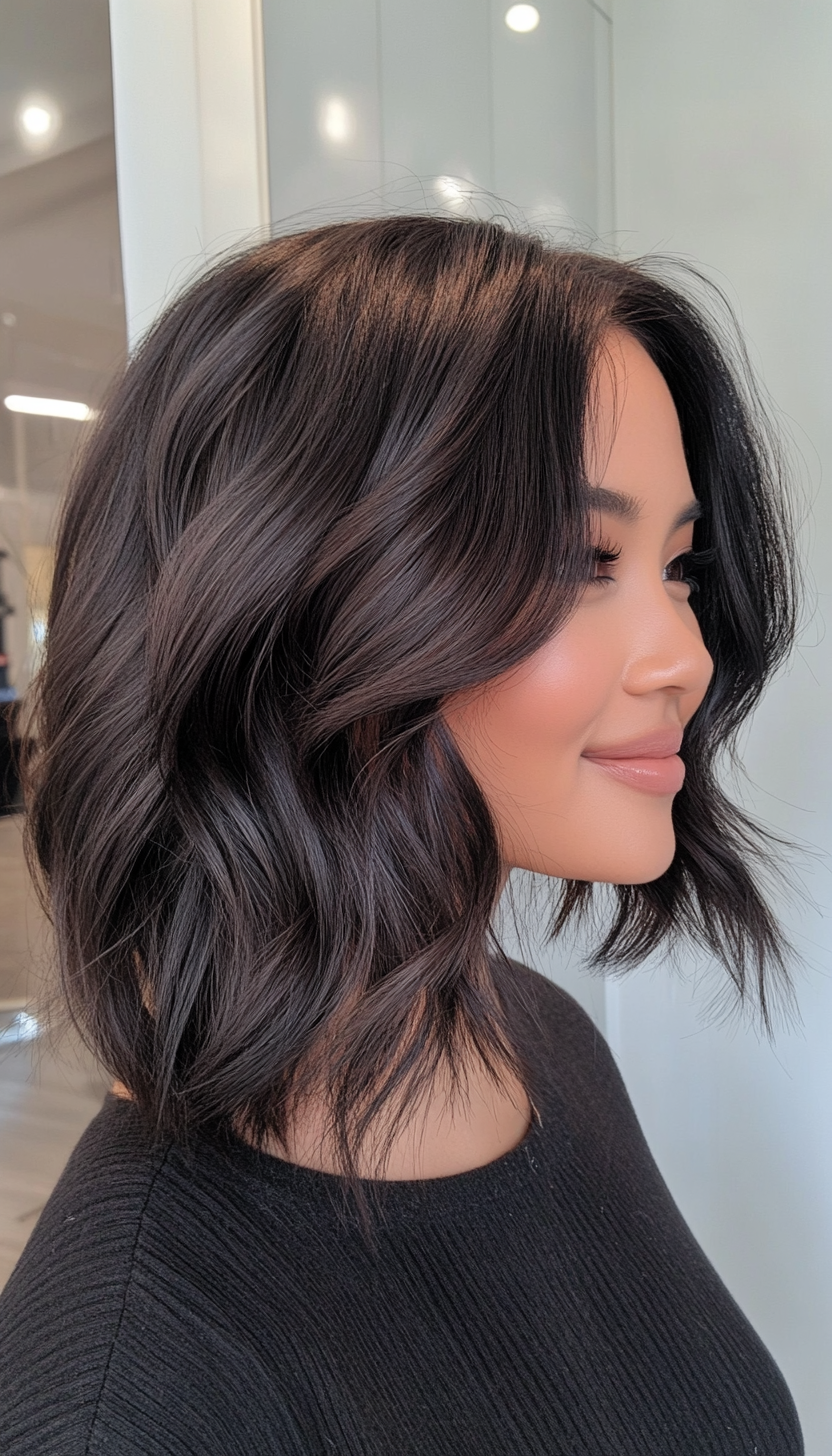 9. Wavy Lob with Natural Black Shine (Medium Length Haircuts For Thick Hair) - Medium Length Haircuts For Thick Hair
