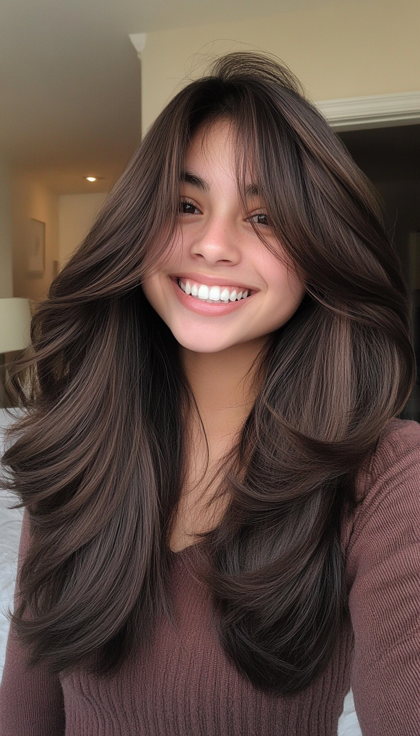 14. Long Curtain Bangs in Dark Mocha (Medium Length Haircuts For Thick Hair) - Medium Length Haircuts For Thick Hair