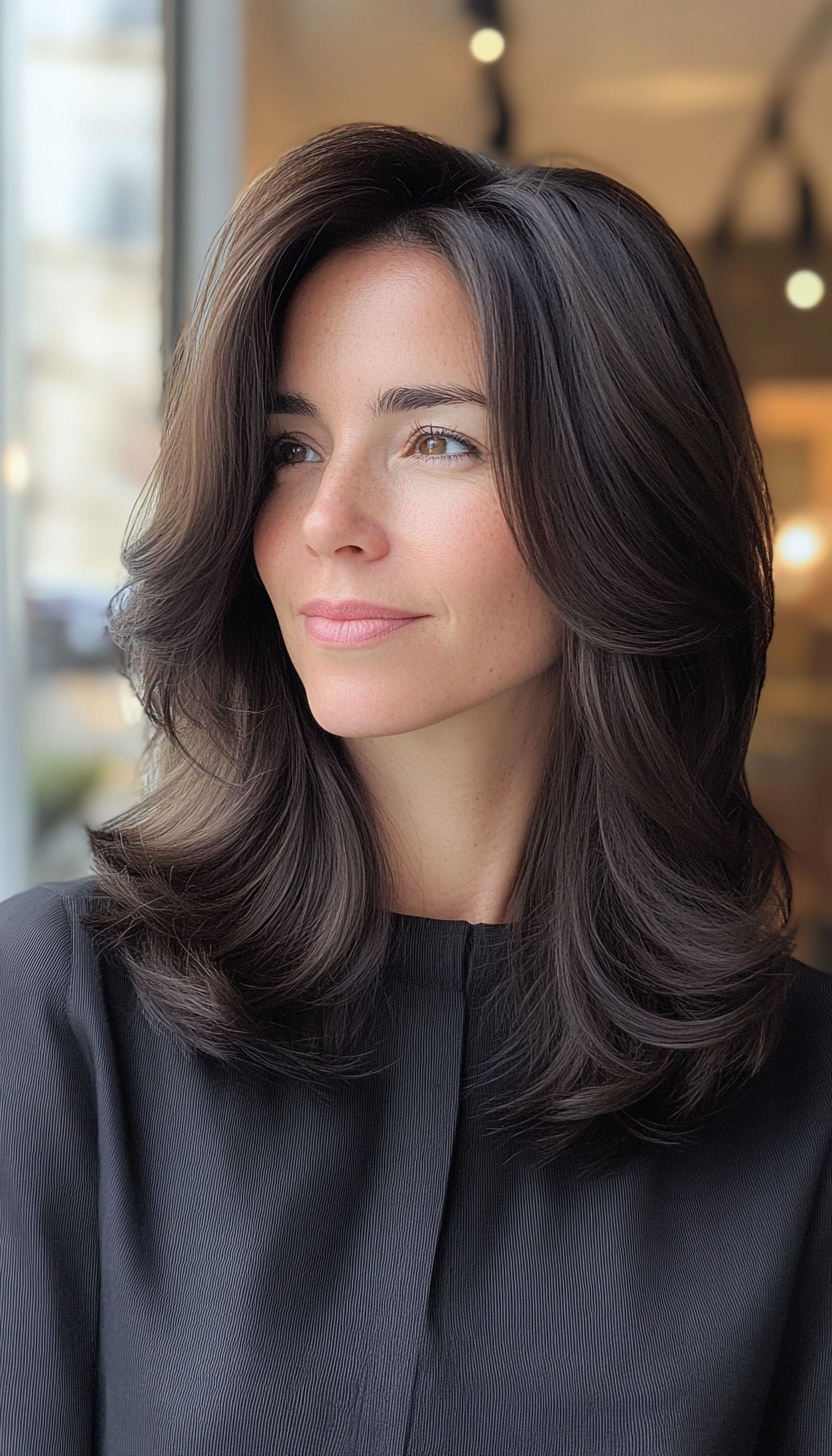 16. Classic Layered Cut with Ashy Dark Brown (Medium Length Haircuts For Thick Hair) - Medium Length Haircuts For Thick Hair