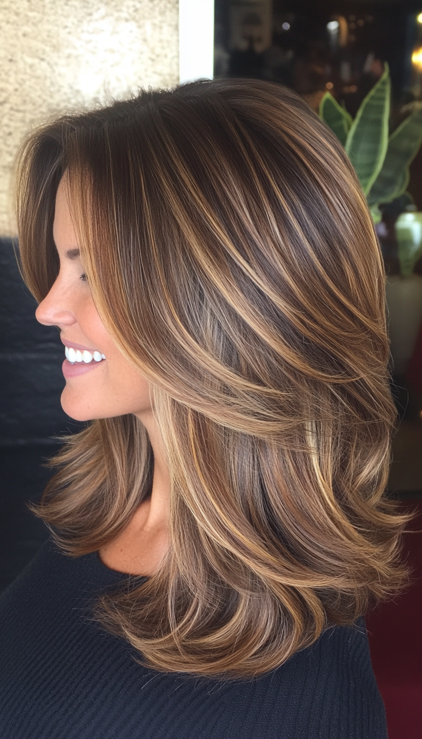 19. Layered Shoulder Cut with Hazelnut Brown Highlights (Medium Length Haircuts For Thick Hair) - Medium Length Haircuts For Thick Hair