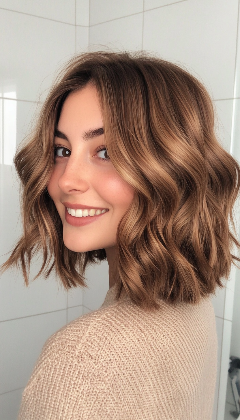 24. Wavy Shoulder-Length Bob in Soft Golden Brown (Medium Length Haircuts For Thick Hair) - Medium Length Haircuts For Thick Hair