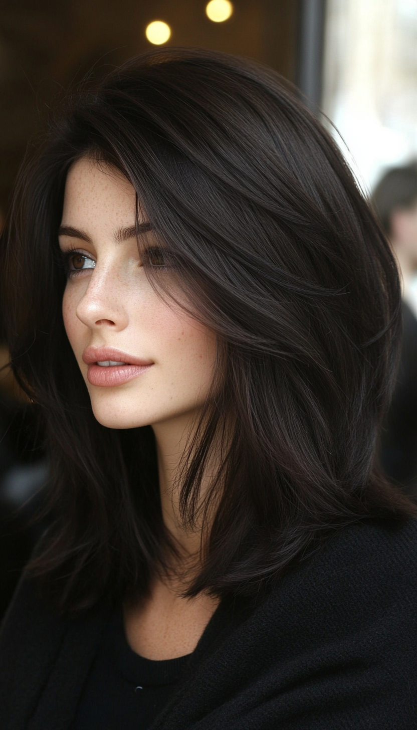 26. Angled Lob in Cool Dark Brown (Medium Length Haircuts For Thick Hair) - Medium Length Haircuts For Thick Hair