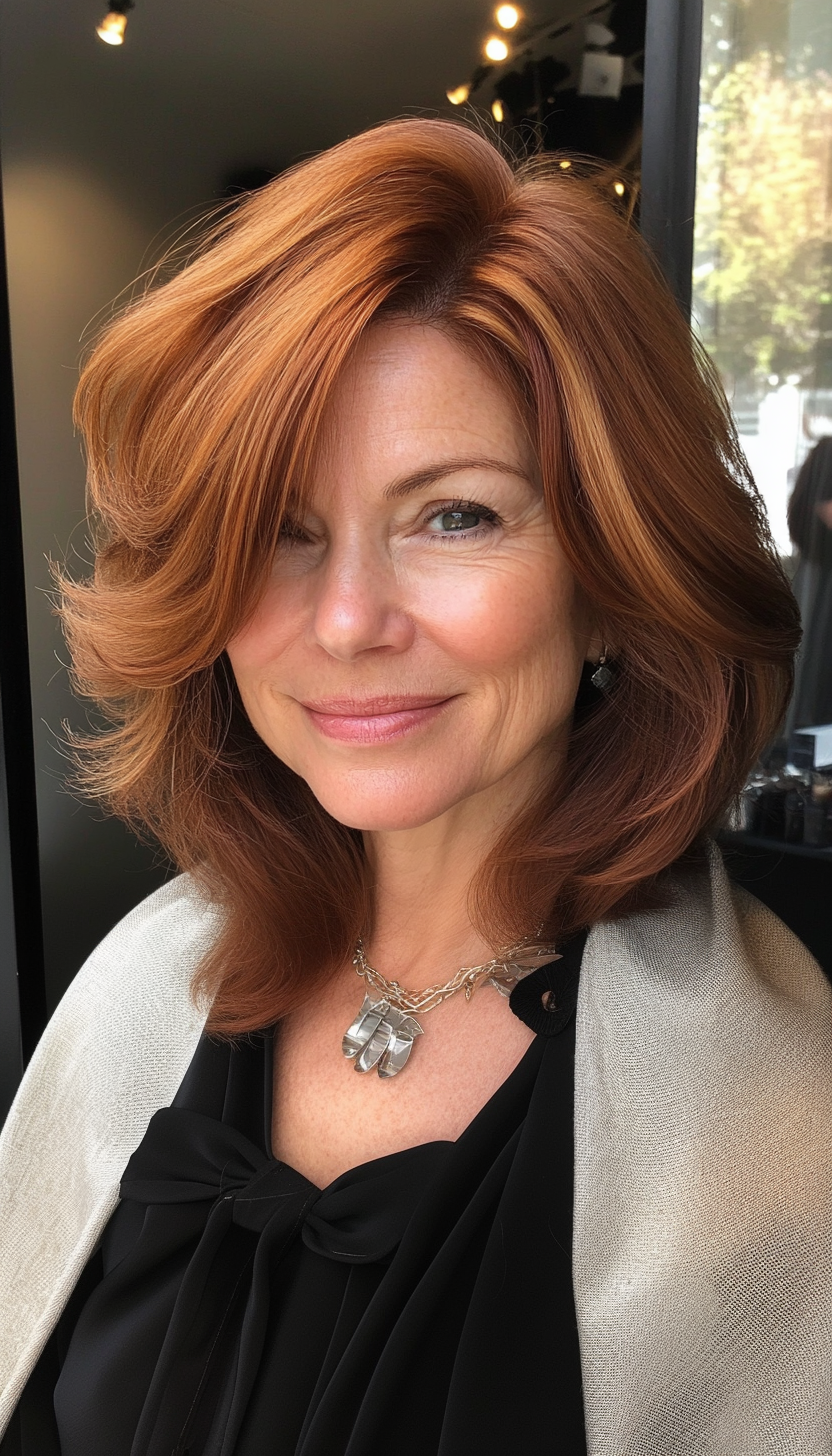 1. Soft Feathered Layers in Warm Chestnut (Medium Length Hairstyles For Older Women) - Medium Length Hairstyles For Older Women