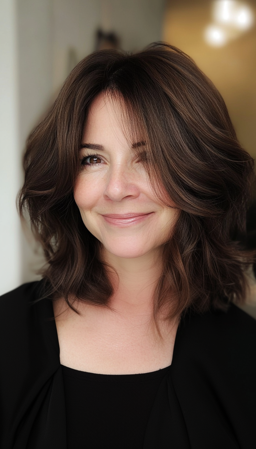 2. Textured Lob in Dark Chocolate Brown (Medium Length Hairstyles For Older Women) - Medium Length Hairstyles For Older Women