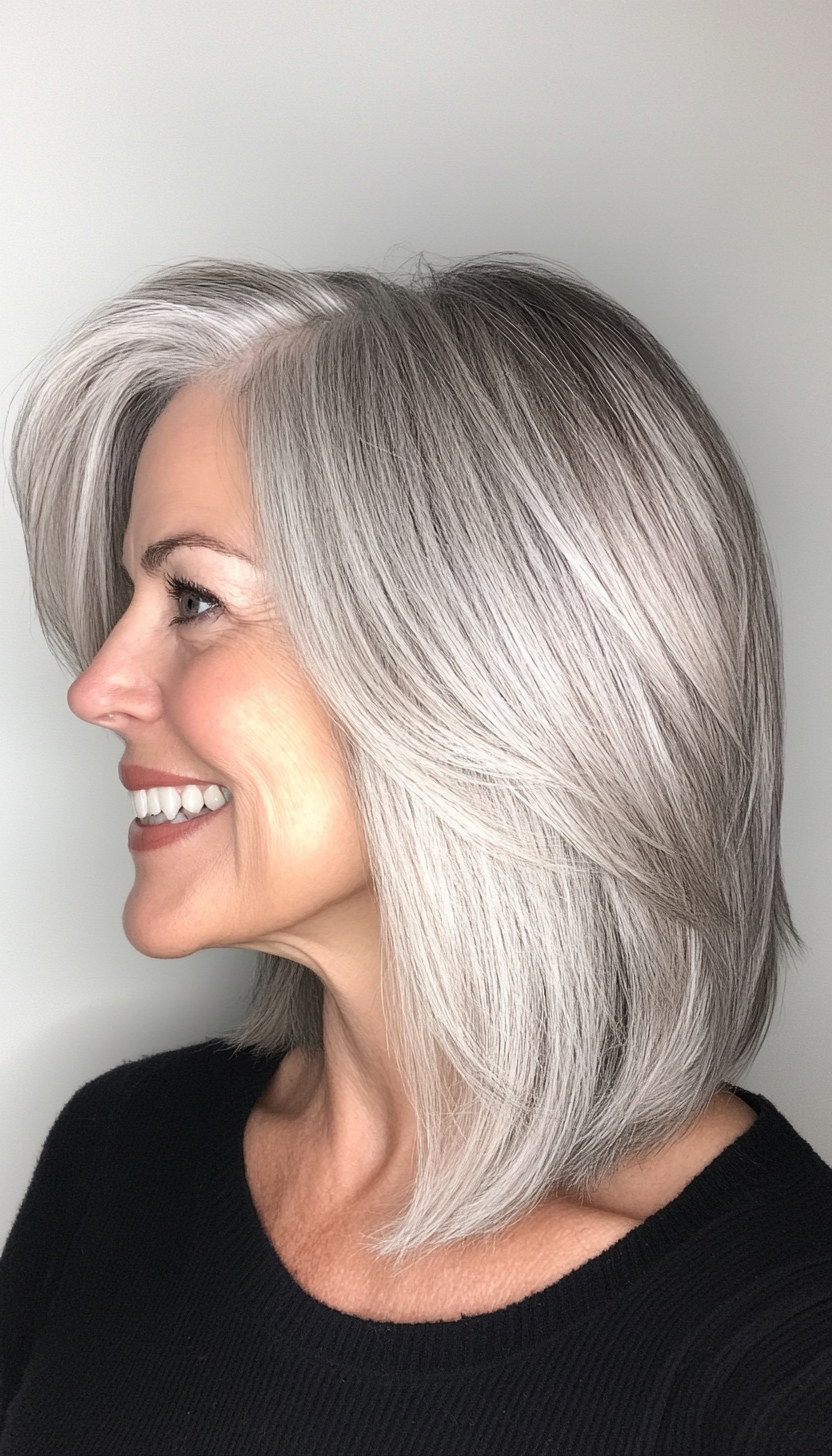 6. Angled Lob in Silver Gray (Medium Length Hairstyles For Older Women) - Medium Length Hairstyles For Older Women