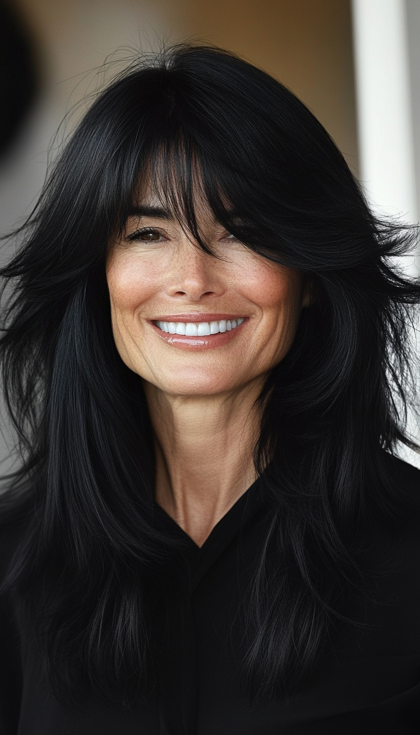 7. Wispy Bangs with Layers in Soft Black (Medium Length Hairstyles For Older Women) - Medium Length Hairstyles For Older Women