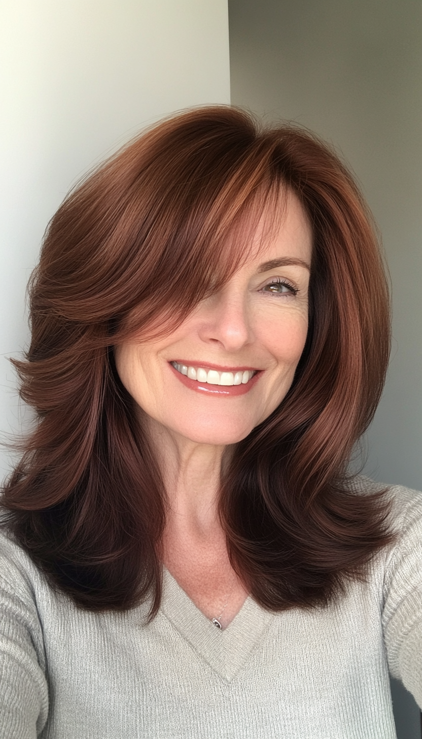 8. Side-Swept Layered Cut in Dark Auburn (Medium Length Hairstyles For Older Women) - Medium Length Hairstyles For Older Women