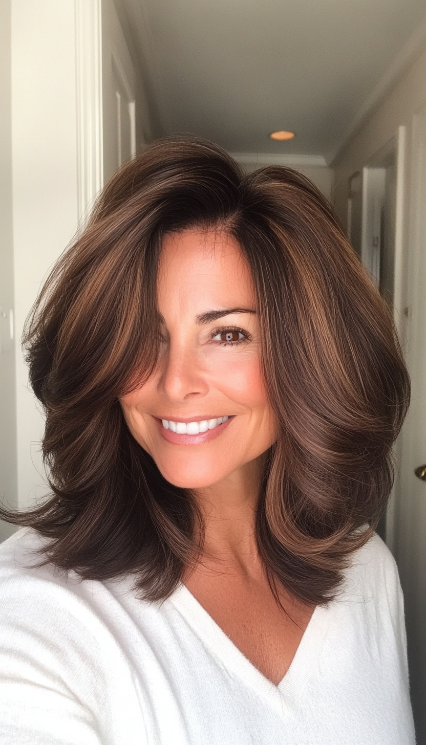 13. Voluminous Blowout in Deep Mahogany (Medium Length Hairstyles For Older Women) - Medium Length Hairstyles For Older Women