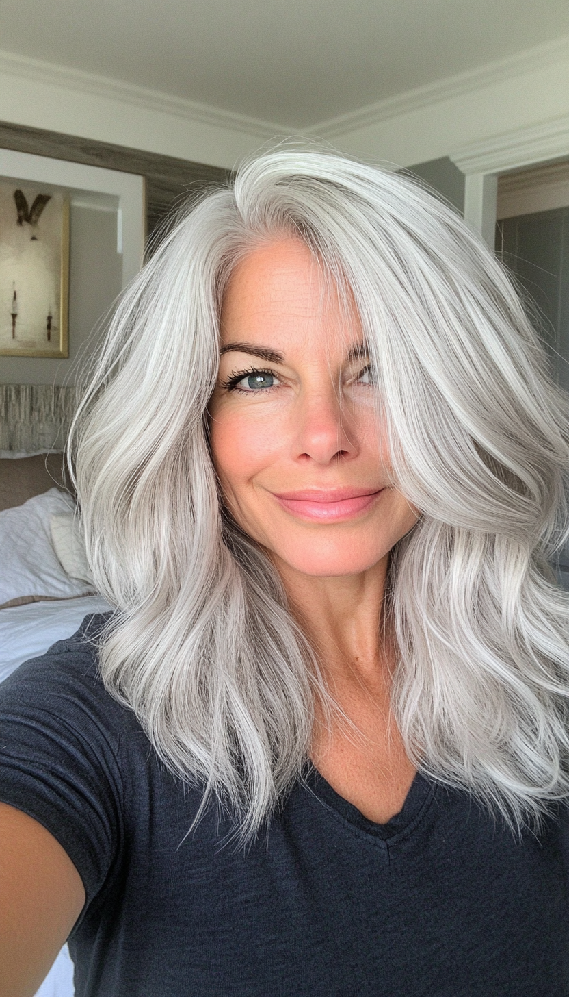 14. Subtle Layered Waves in Natural Silver (Medium Length Hairstyles For Older Women) - Medium Length Hairstyles For Older Women