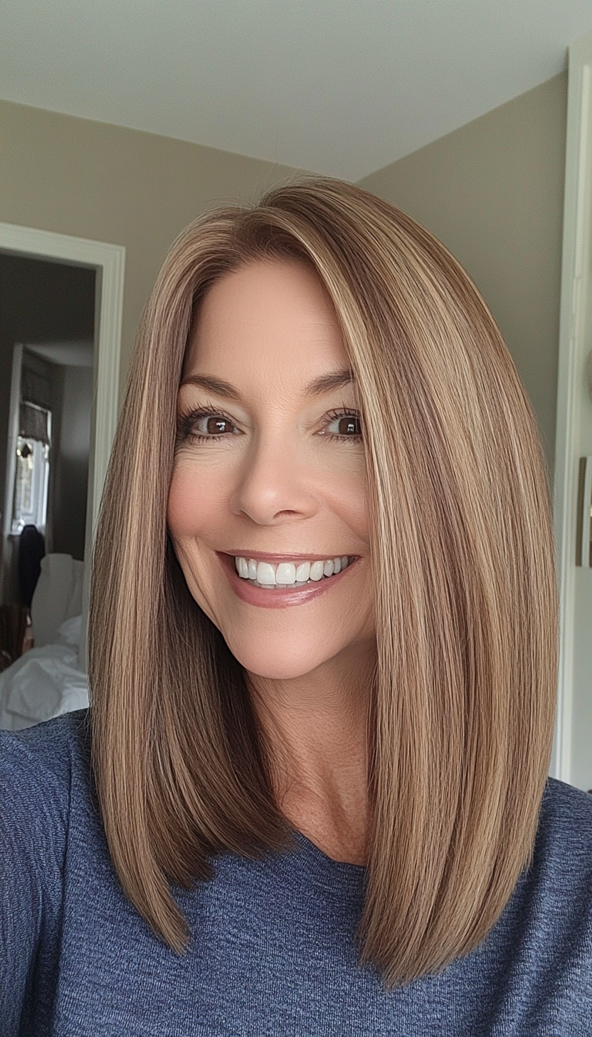 15. Sleek Straight Cut in Soft Caramel Brown (Medium Length Hairstyles For Older Women) - Medium Length Hairstyles For Older Women