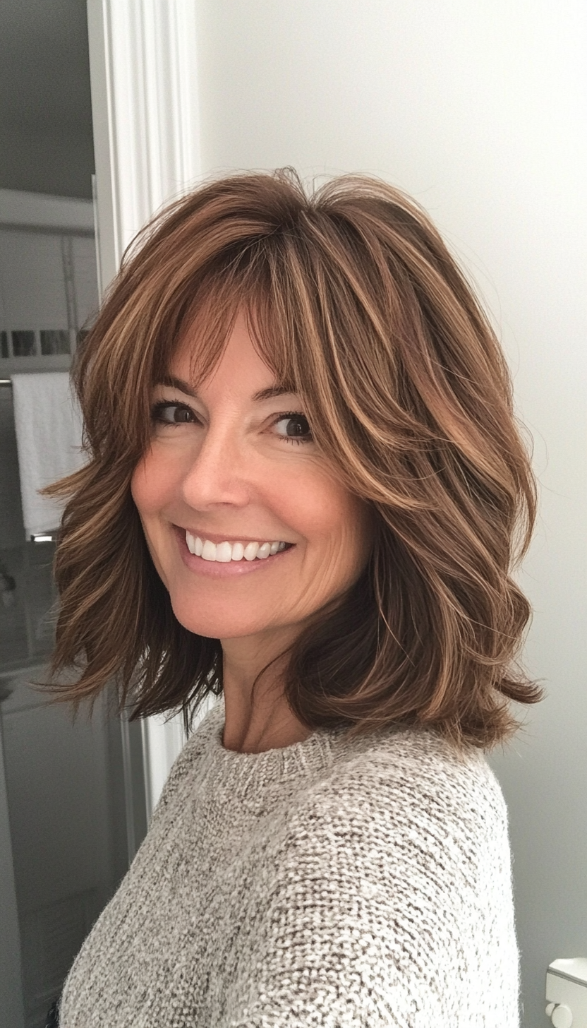 17. Mid-Length Choppy Layers in Warm Hazelnut Brown (Medium Length Hairstyles For Older Women) - Medium Length Hairstyles For Older Women