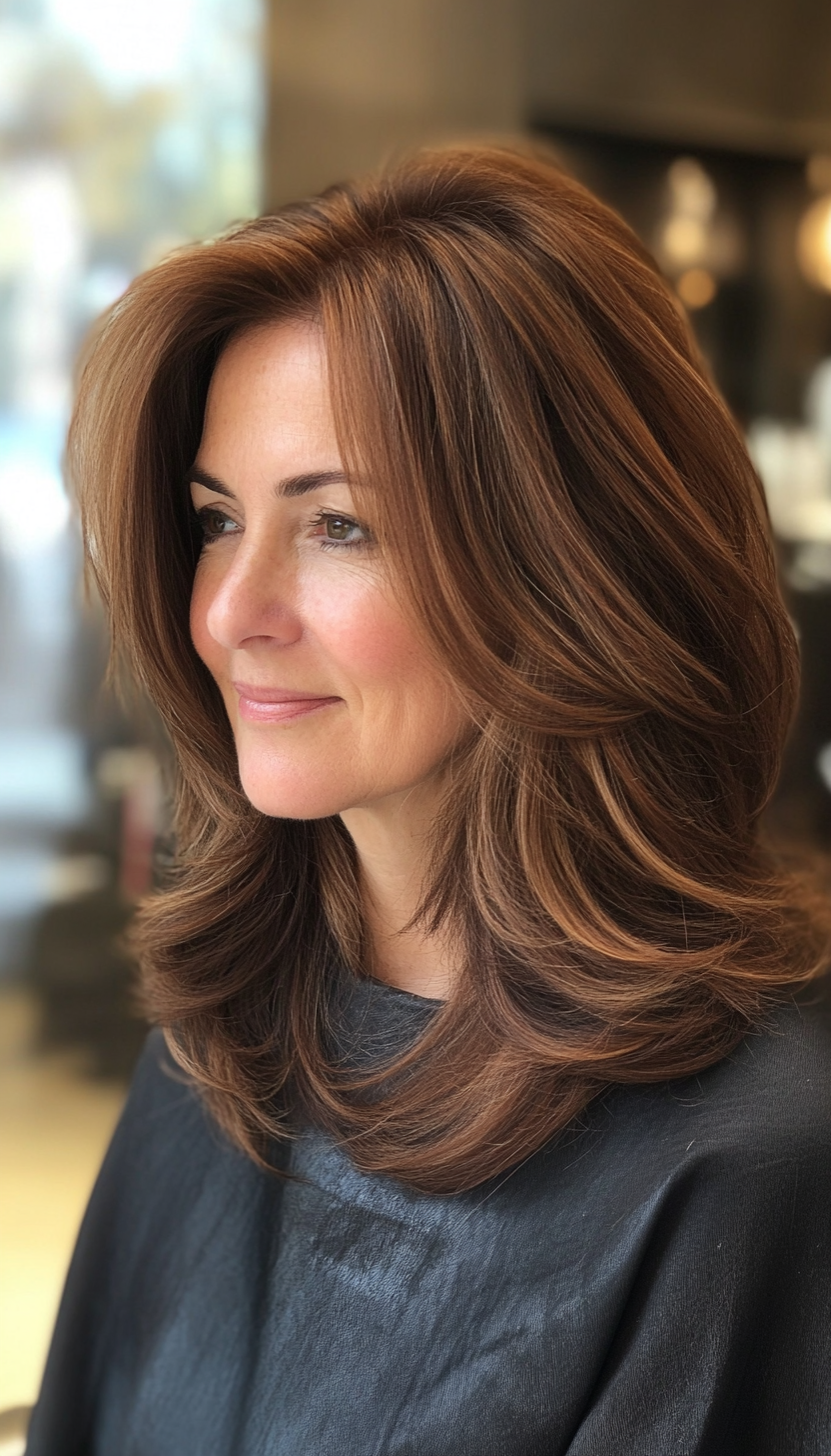 18. Layered Shoulder-Length Cut in Cinnamon Brown (Medium Length Hairstyles For Older Women) - Medium Length Hairstyles For Older Women