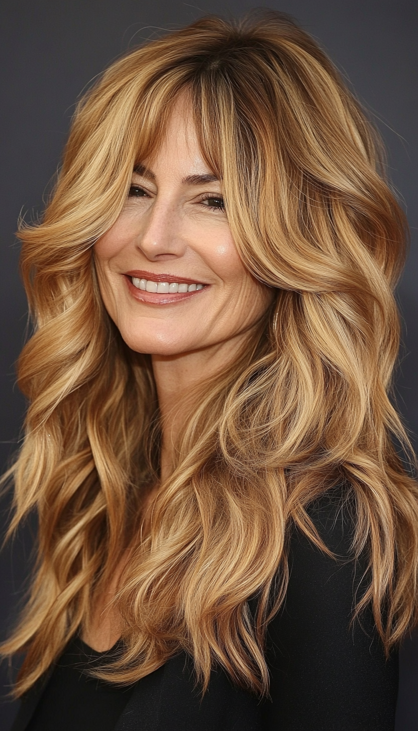 20. Tousled Waves with Curtain Bangs in Light Golden Brown (Medium Length Hairstyles For Older Women) - Medium Length Hairstyles For Older Women