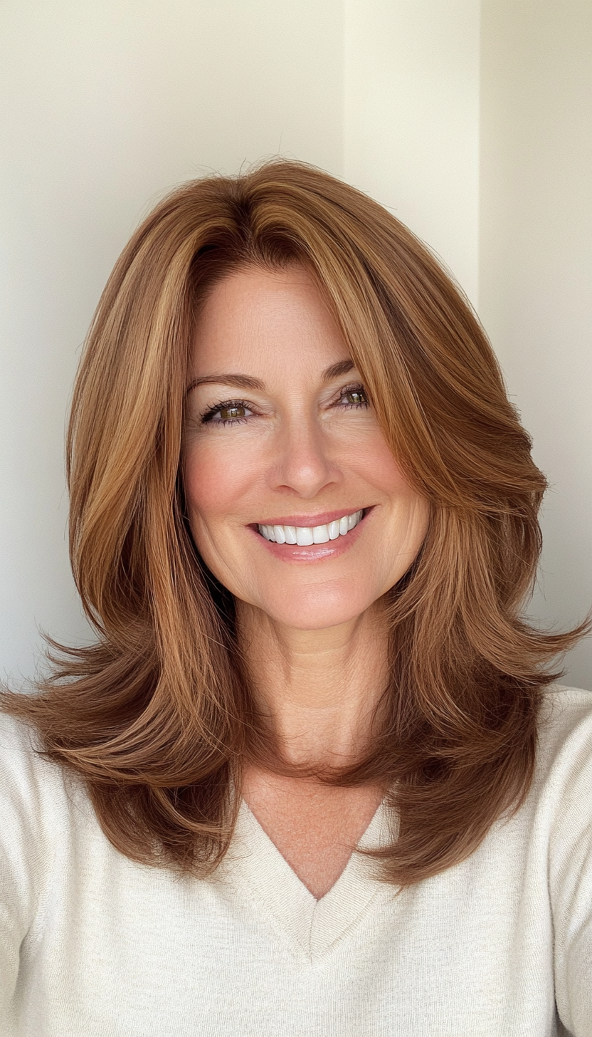 23. Sleek Mid-Length Layers in Chestnut Brown (Medium Length Hairstyles For Older Women) - Medium Length Hairstyles For Older Women