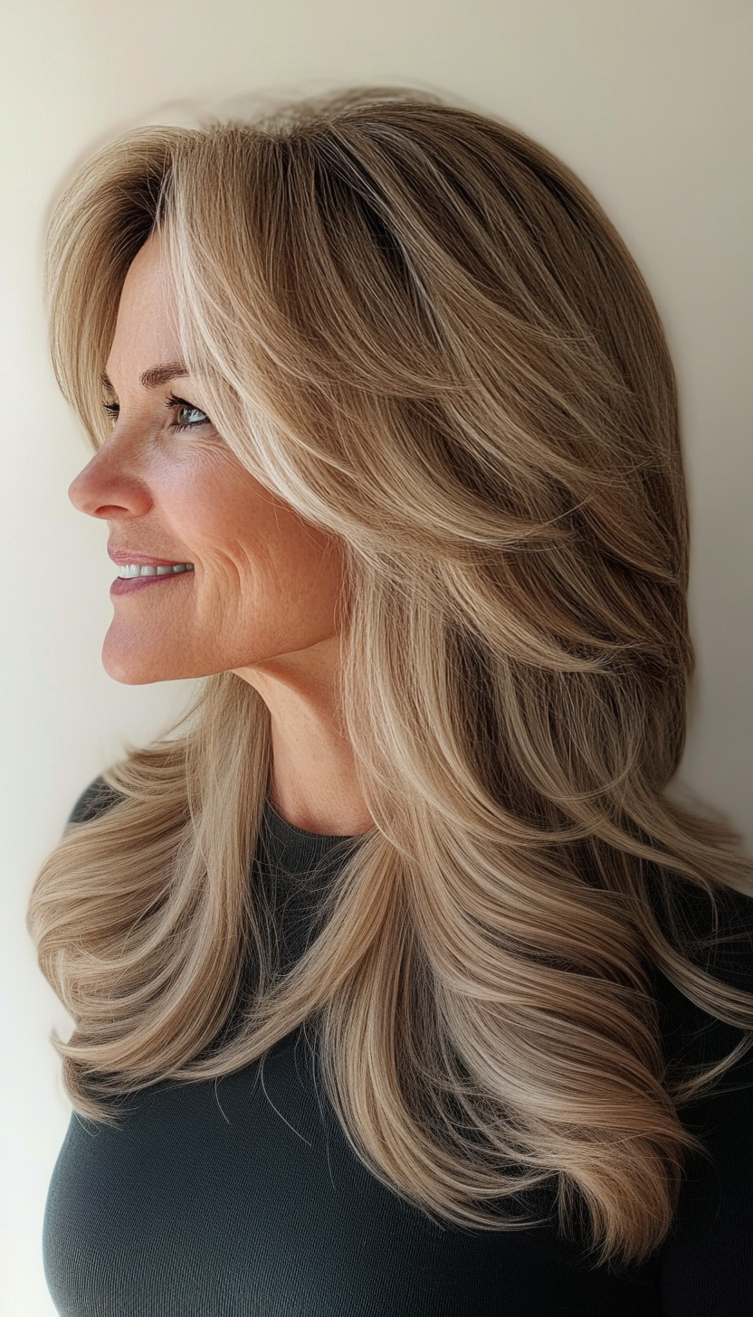 24. Textured Flip-Out Layers in Dark Honey Blonde (Medium Length Hairstyles For Older Women) - Medium Length Hairstyles For Older Women