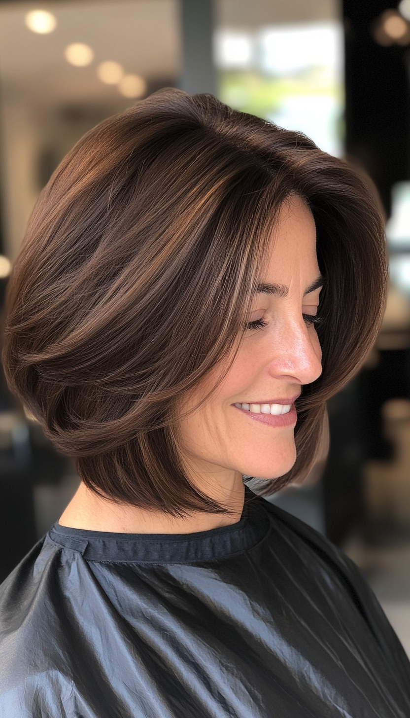 25. Side-Parted Bob in Deep Cocoa Brown (Medium Length Hairstyles For Older Women) - Medium Length Hairstyles For Older Women