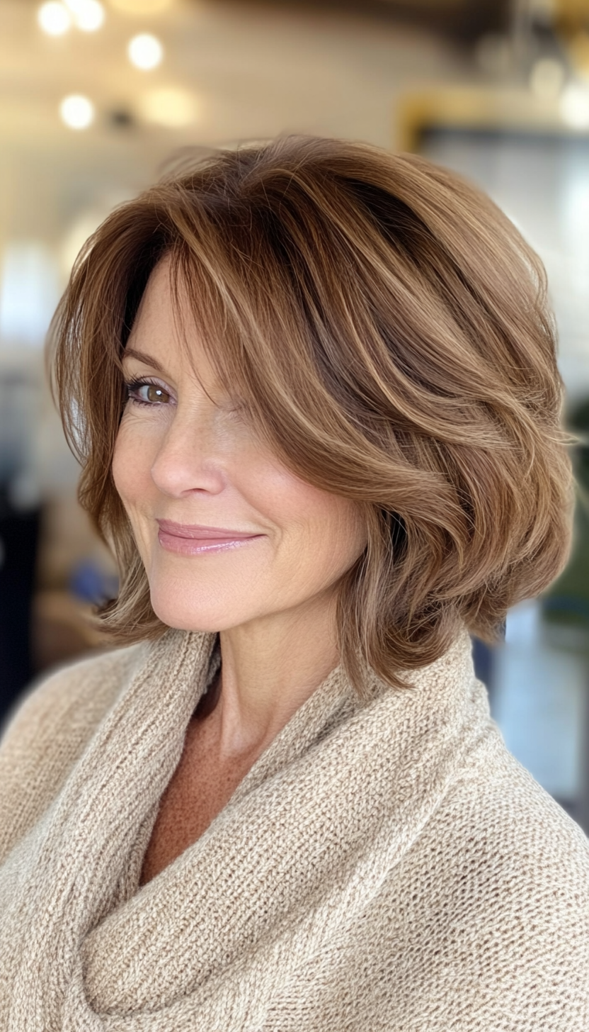 27. Soft Layered Bob in Warm Almond Brown (Medium Length Hairstyles For Older Women) - Medium Length Hairstyles For Older Women