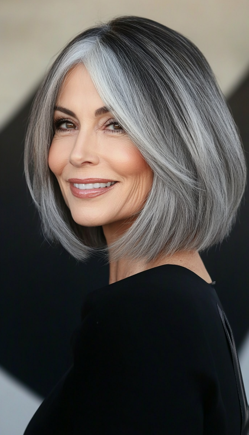 6. Salt-and-Pepper Stacked Bob (Bob Haircuts For Older Women) - Bob Haircuts For Older Women