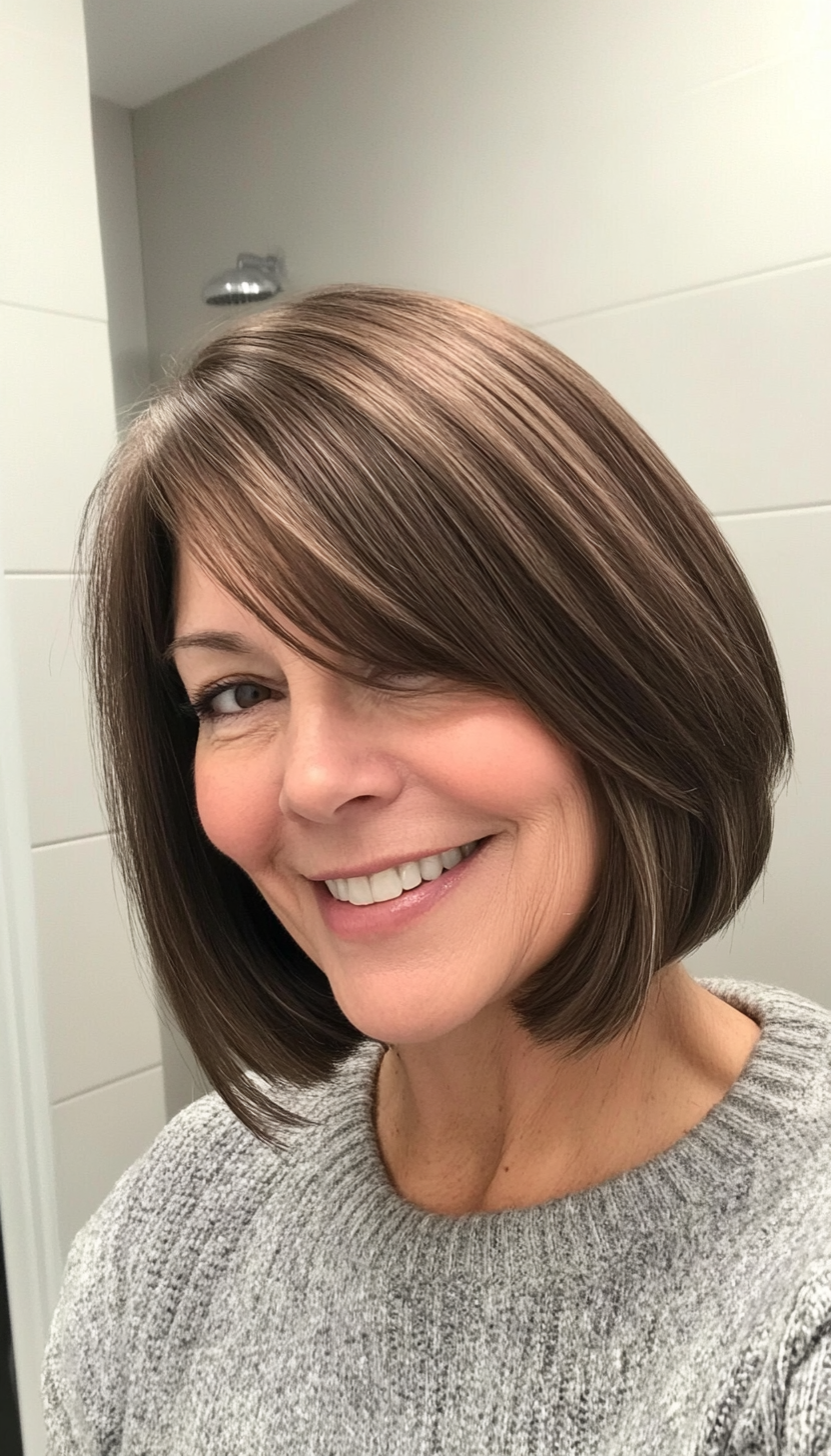 8. Soft Mocha Bob with Side Bangs (Bob Haircuts For Older Women) - Bob Haircuts For Older Women