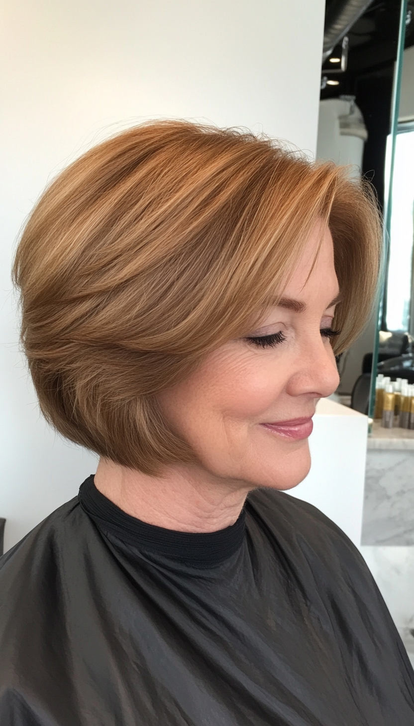 9. Caramel Layered Bob with Wispy Ends (Bob Haircuts For Older Women) - Bob Haircuts For Older Women