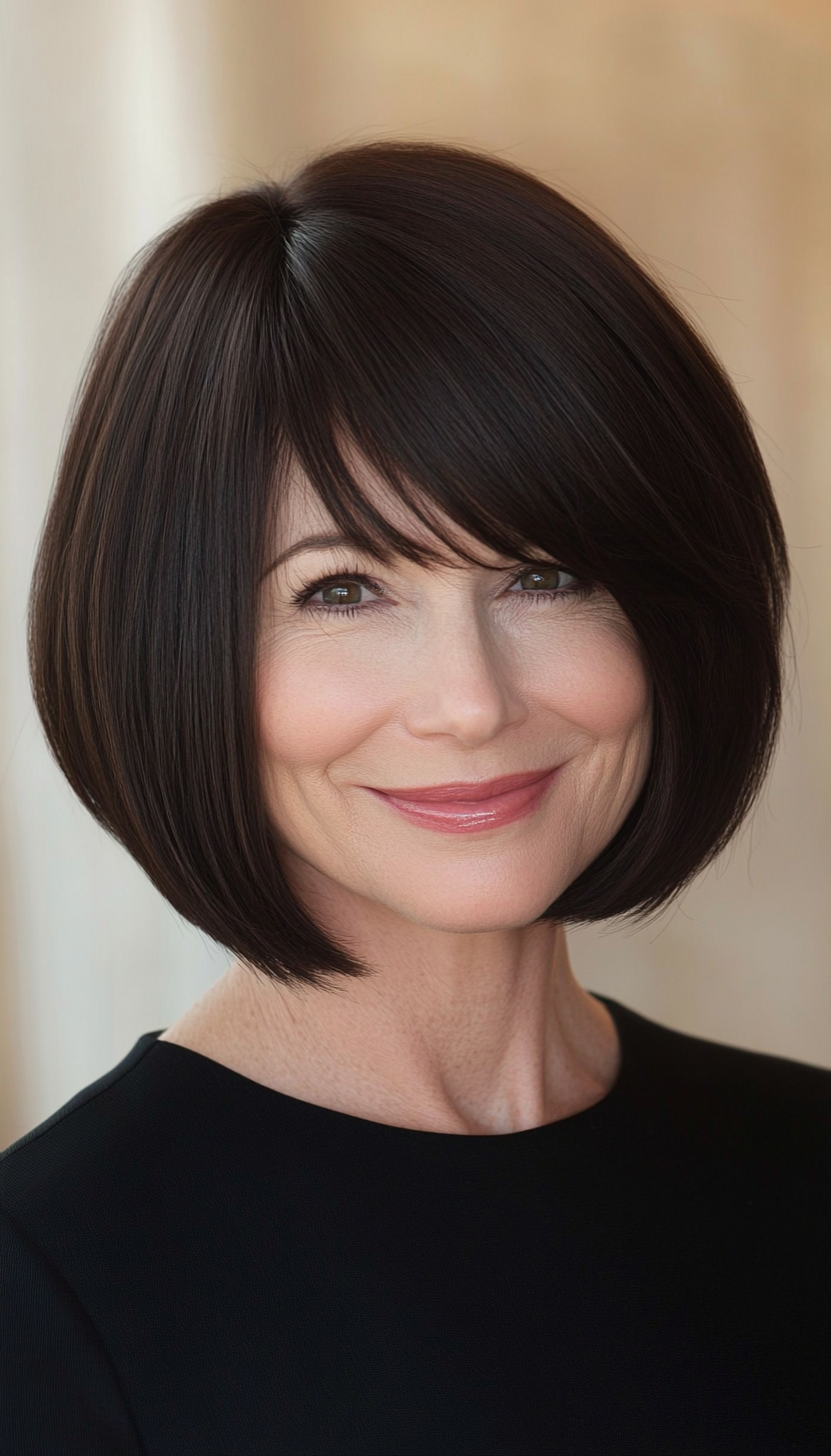 10. Classic Dark Brown Bob with Curtain Bangs (Bob Haircuts For Older Women) - Bob Haircuts For Older Women