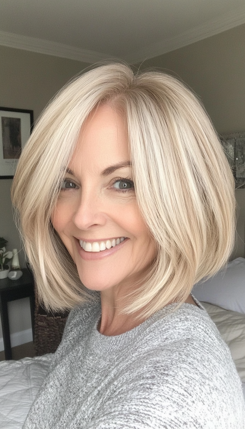 13. Soft Beige Blonde Layered Bob (Bob Haircuts For Older Women) - Bob Haircuts For Older Women