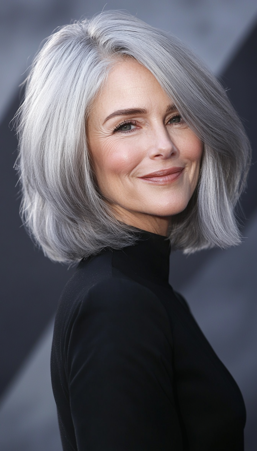 20. Smoky Silver Layered Bob (Bob Haircuts For Older Women) - Bob Haircuts For Older Women