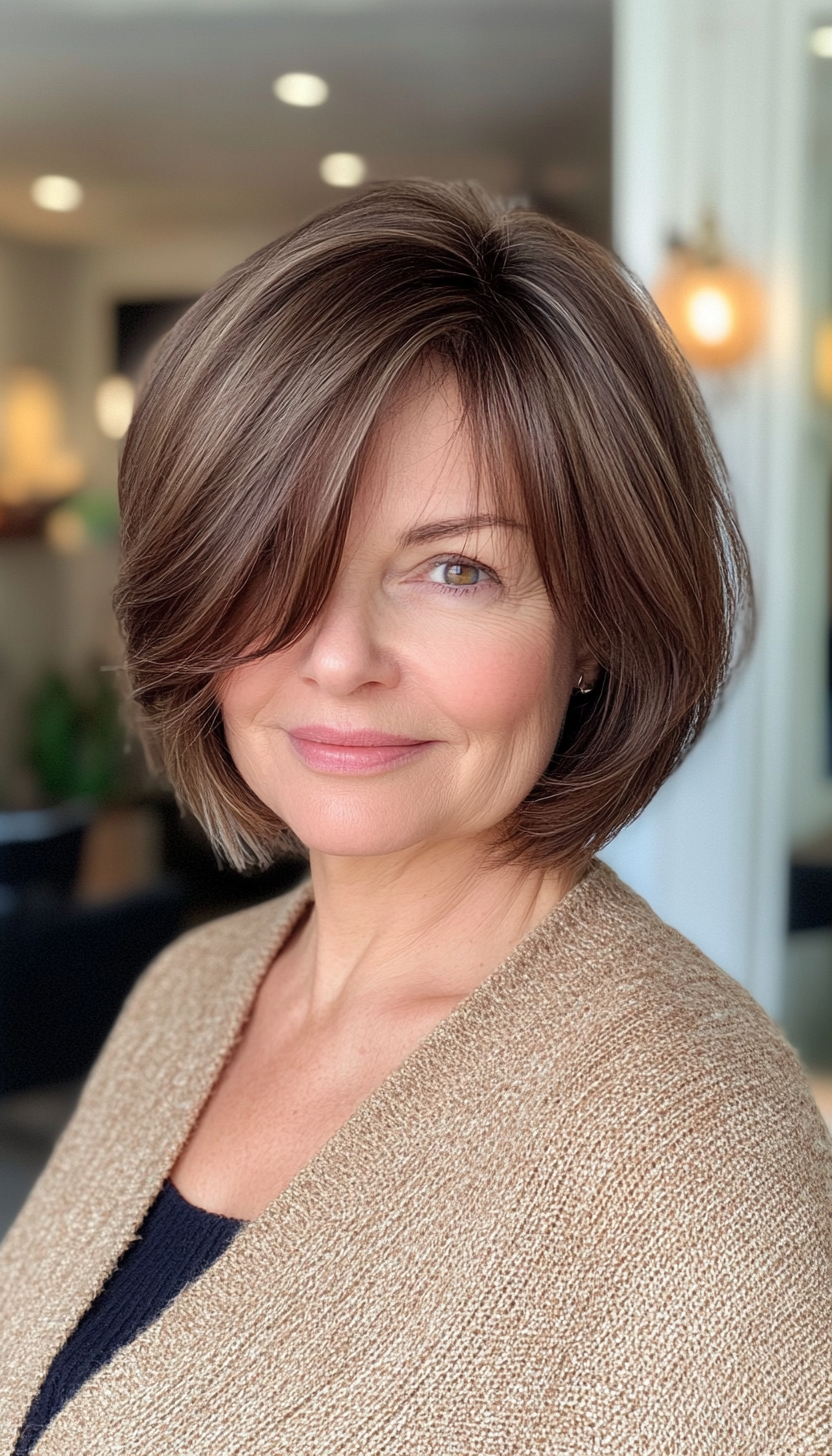 26. Muted Chestnut Bob with Side-Swept Bangs (Bob Haircuts For Older Women) - Bob Haircuts For Older Women