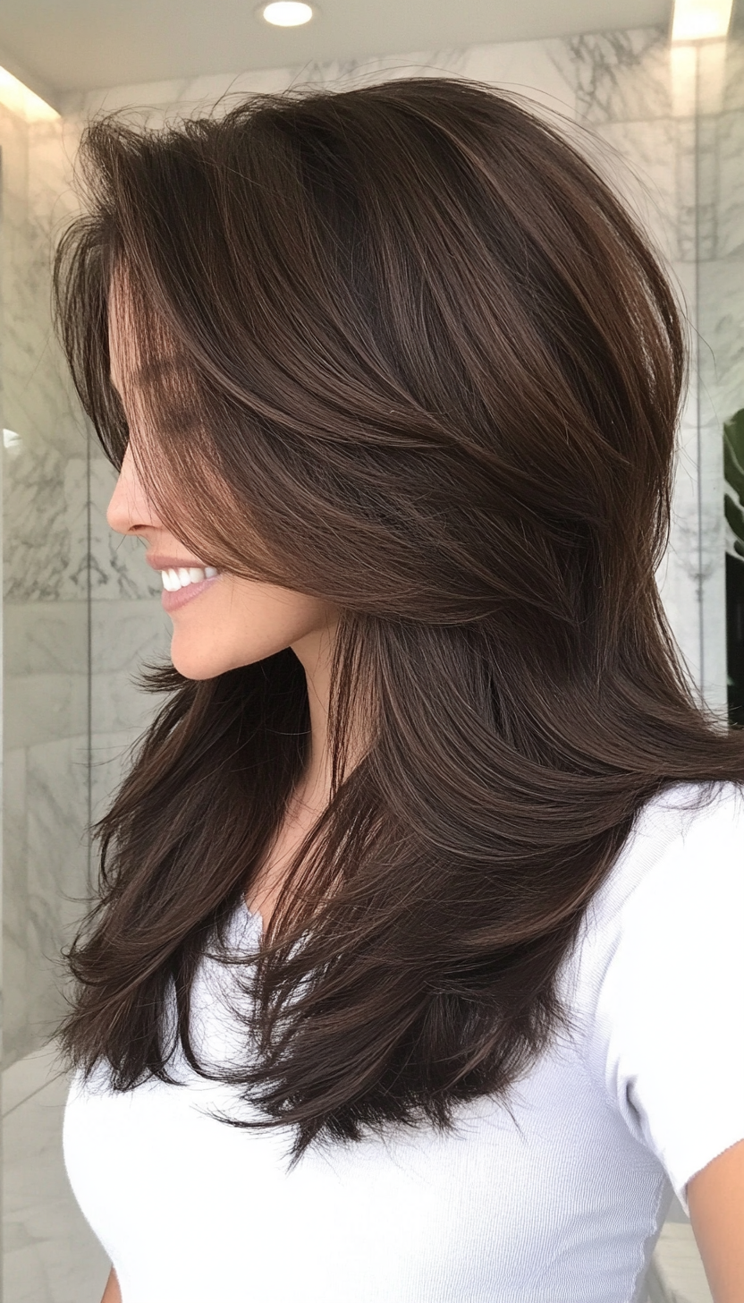 1. Soft Feathered Layers in Dark Brown (Mid Length Layered Hairstyles) - Mid Length Layered Hairstyles