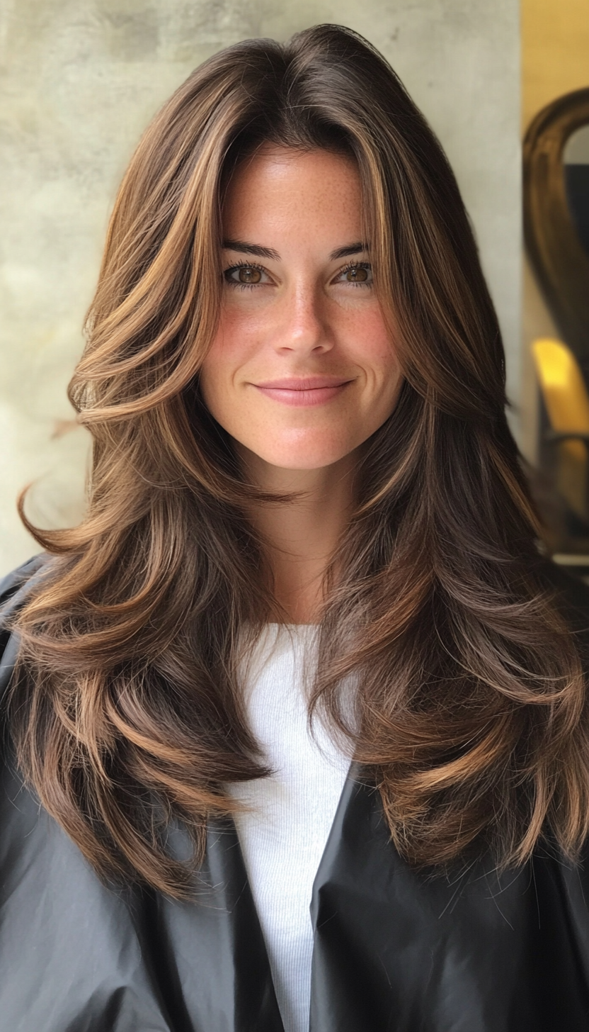 2. Face-Framing Layers with Chestnut Balayage (Mid Length Layered Hairstyles) - Mid Length Layered Hairstyles