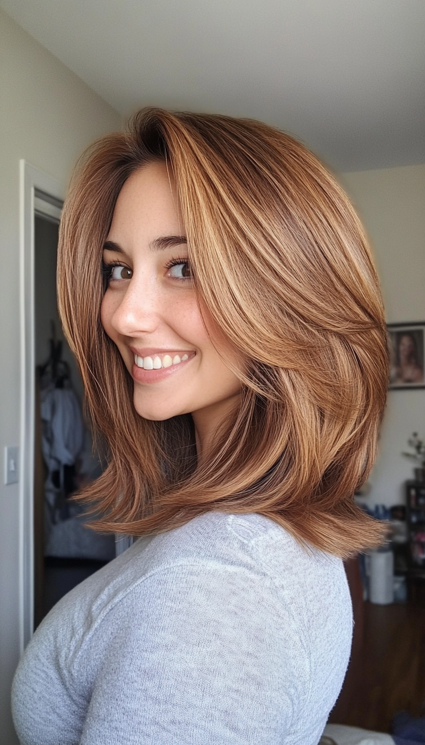 4. Classic Layered Lob in Warm Honey Brown (Mid Length Layered Hairstyles) - Mid Length Layered Hairstyles