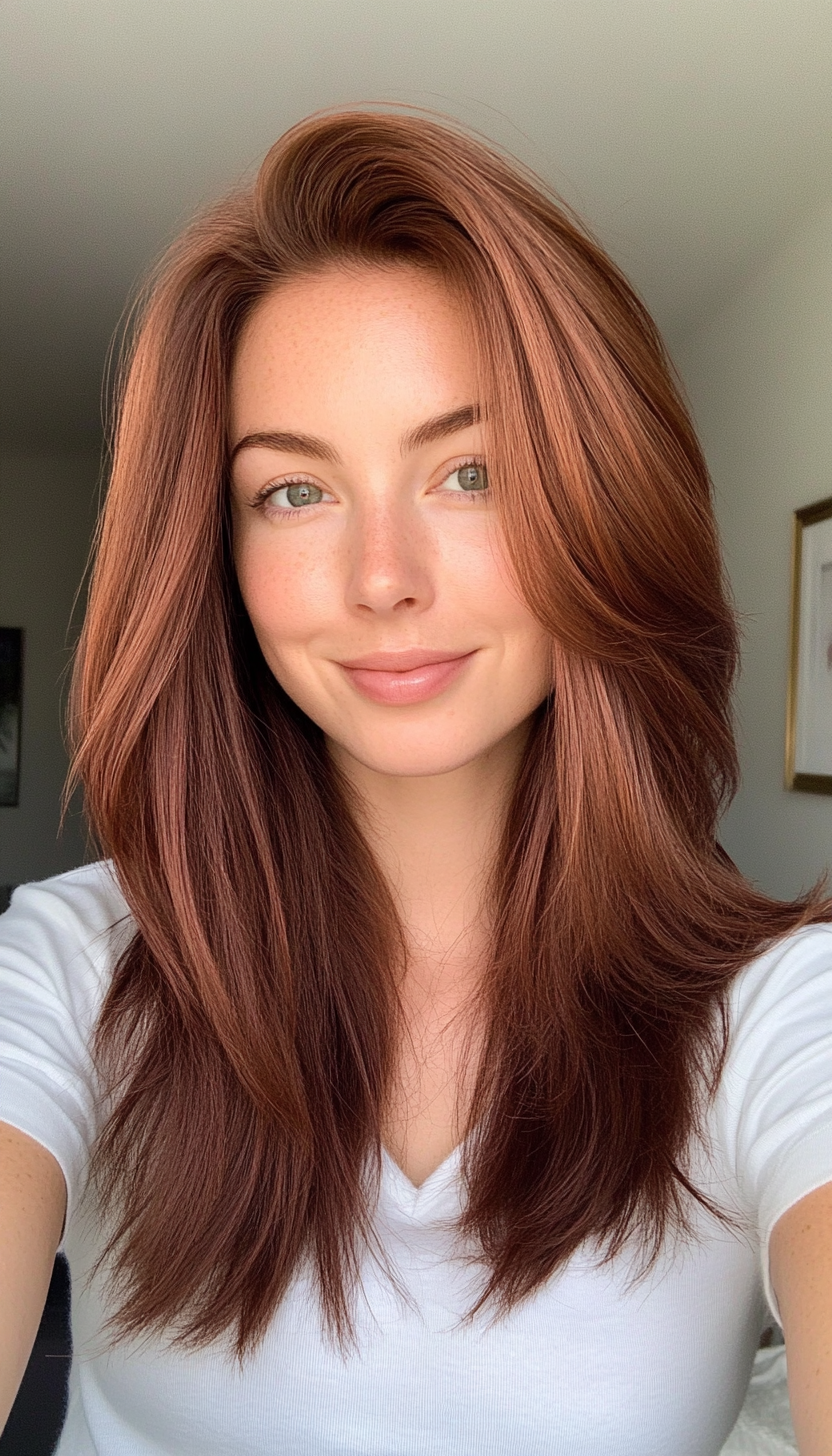 8. Sleek Layered Cut in Warm Auburn (Mid Length Layered Hairstyles) - Mid Length Layered Hairstyles