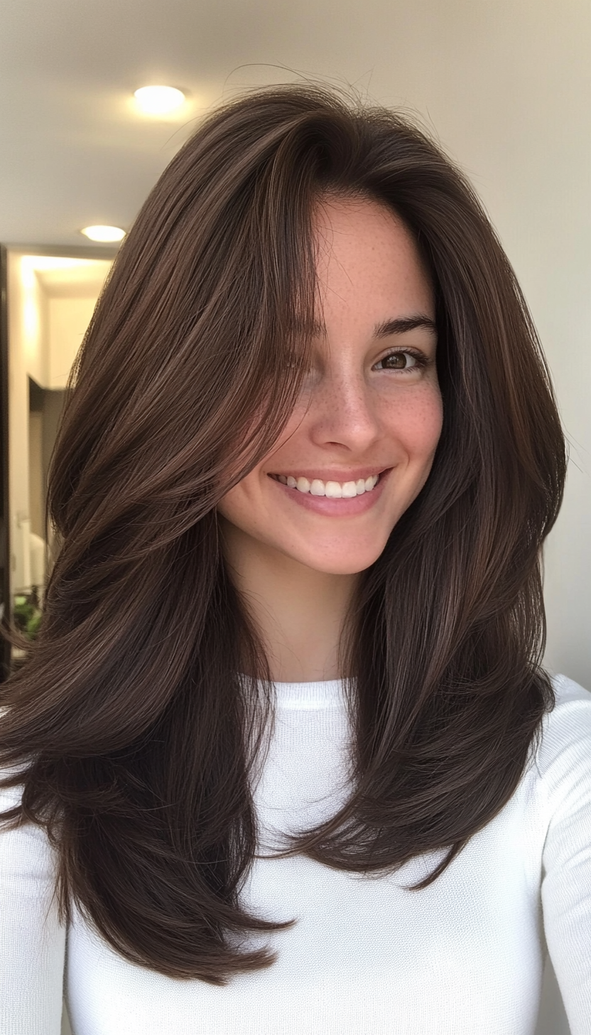 10. Voluminous Layered Cut in Dark Chocolate Brown (Mid Length Layered Hairstyles) - Mid Length Layered Hairstyles