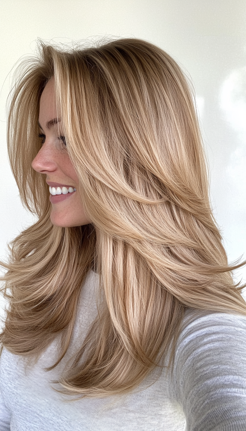 13. Long Curtain Layers in Soft Sandy Blonde (Mid Length Layered Hairstyles) - Mid Length Layered Hairstyles