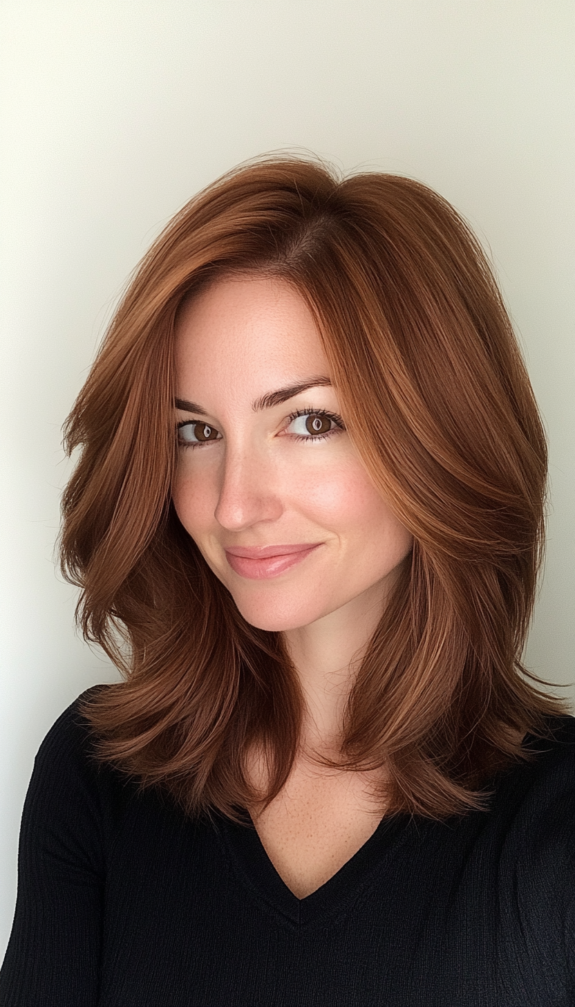 15. Angled Lob with Light Chestnut Highlights (Mid Length Layered Hairstyles) - Mid Length Layered Hairstyles