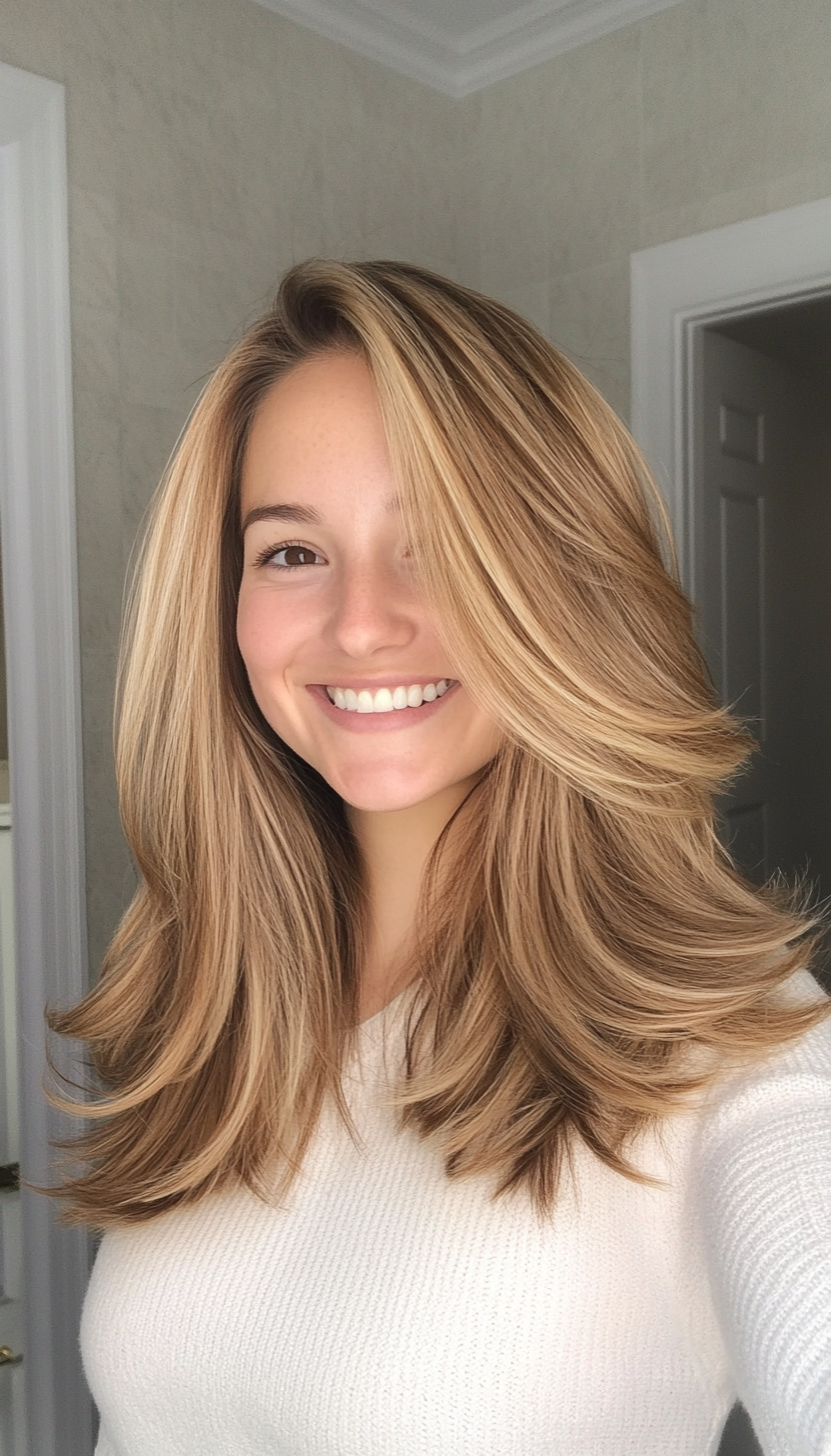 16. Wispy Layers with Golden Honey Tones (Mid Length Layered Hairstyles) - Mid Length Layered Hairstyles