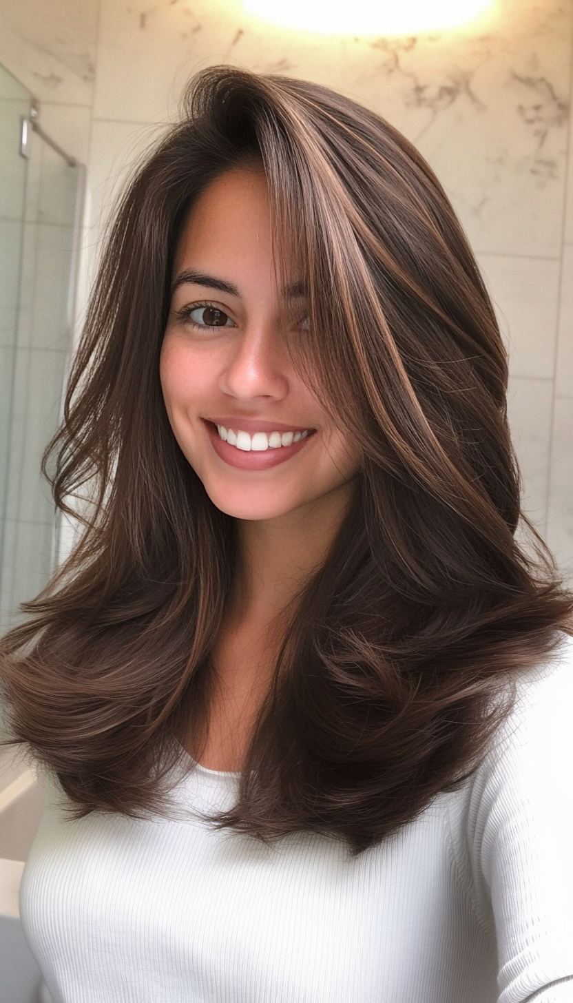 17. Side-Parted Layers in Rich Mocha Brown (Mid Length Layered Hairstyles) - Mid Length Layered Hairstyles