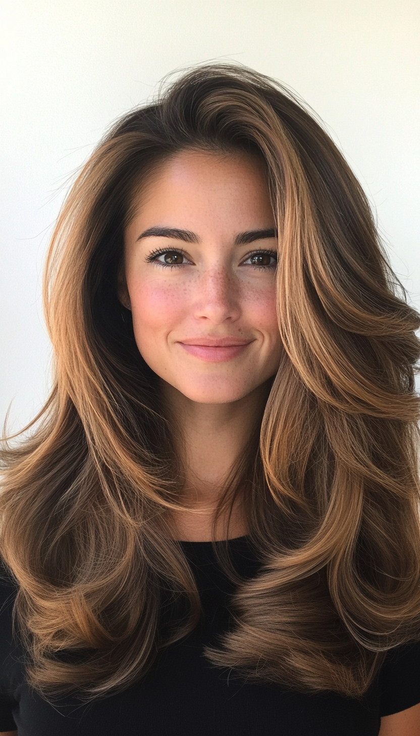 18. Layered Cut with Blended Ash Brown and Caramel Highlights (Mid Length Layered Hairstyles) - Mid Length Layered Hairstyles
