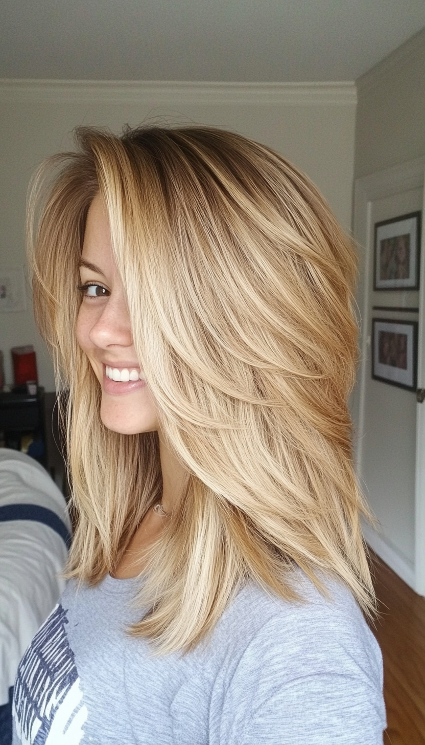 20. Airy Layered Lob in Dark Blonde (Mid Length Layered Hairstyles) - Mid Length Layered Hairstyles