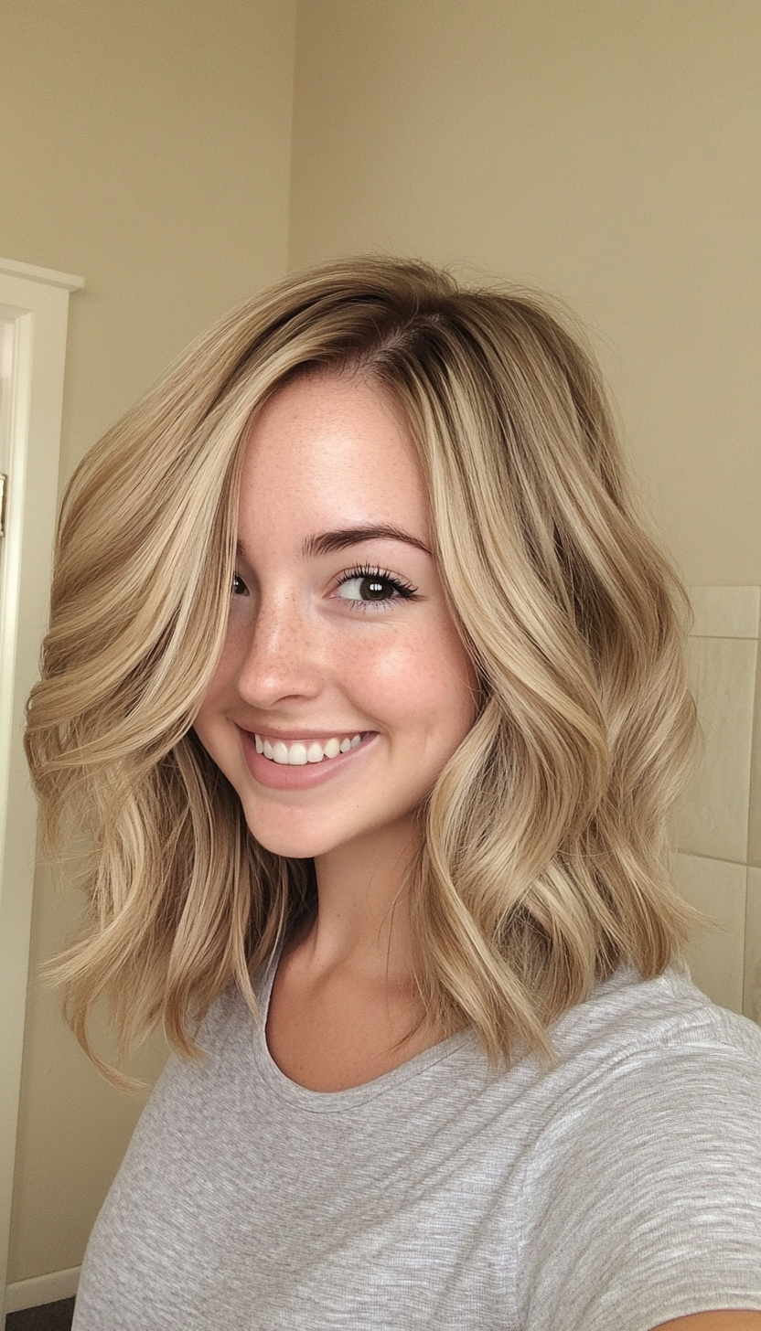 25. Shoulder-Length Layers with a Subtle Wave in Warm Beige Blonde (Mid Length Layered Hairstyles) - Mid Length Layered Hairstyles
