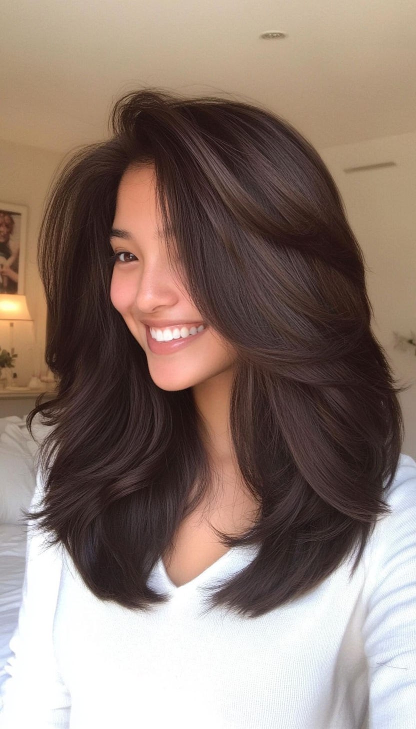 26. Tapered Layers with a Deep Side Part in Dark Cocoa Brown (Mid Length Layered Hairstyles) - Mid Length Layered Hairstyles