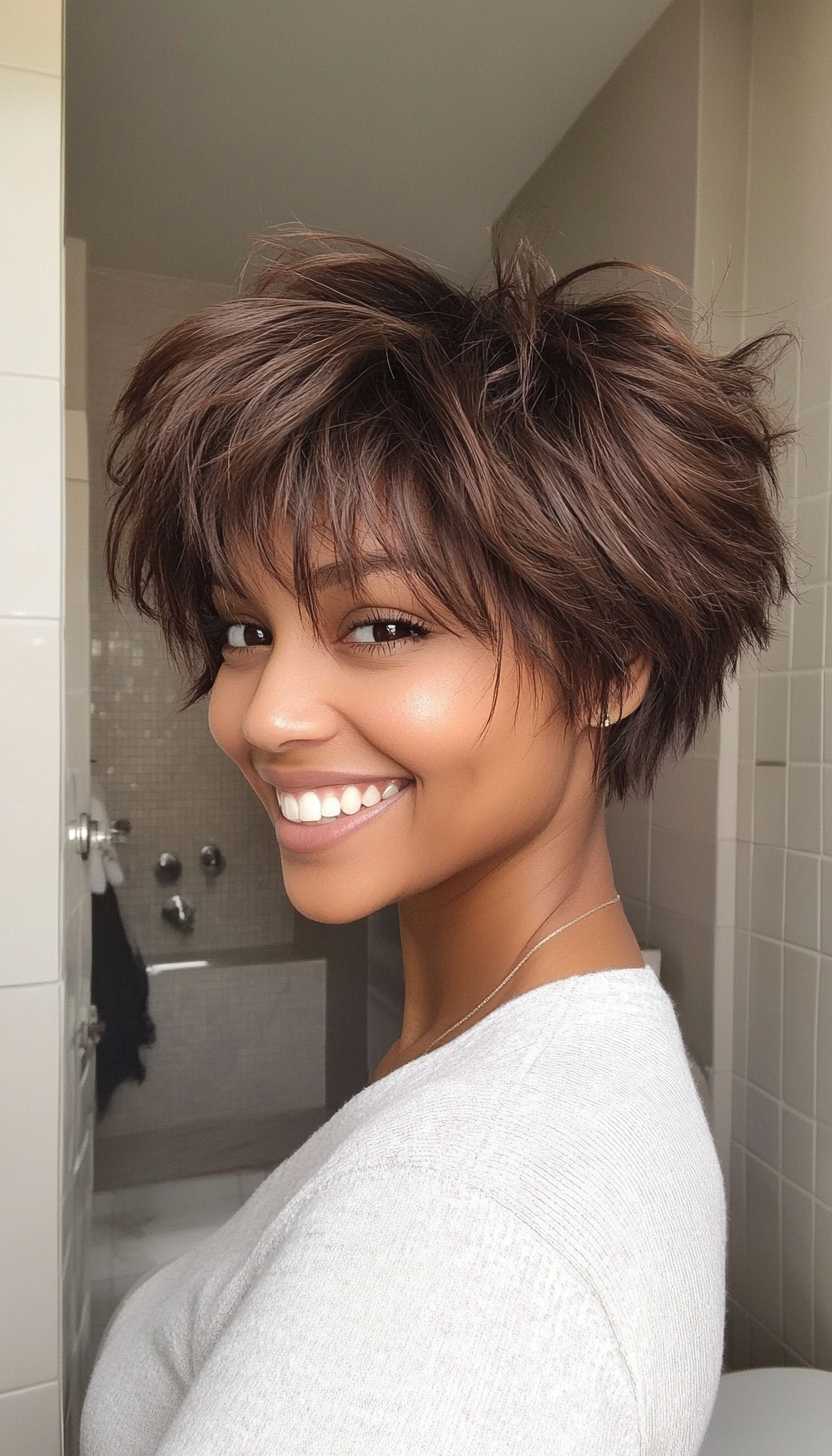 21. Shaggy Pixie in Dark Chestnut (Short Hairstyles For Black Women) - Short Hairstyles For Black Women